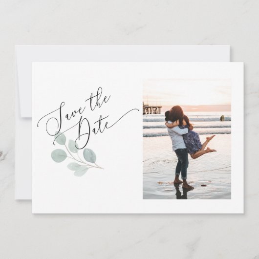 水色ユーカリ日付を保存フォトカード セーブザデート (正面)