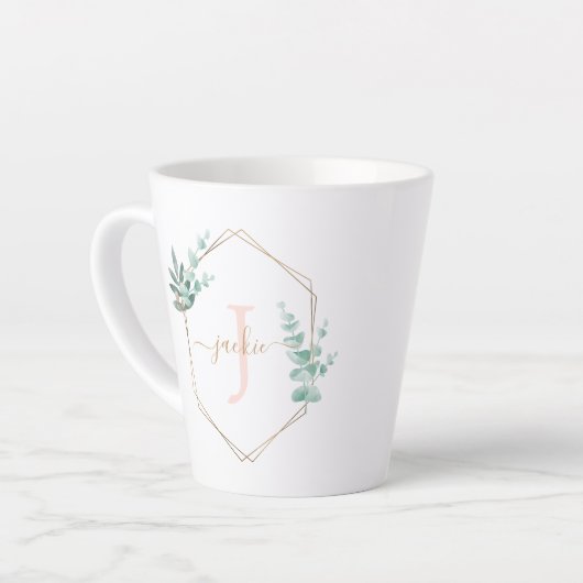 水色ユーカリ枠モノグラム カフェラテマグ (左アングル)