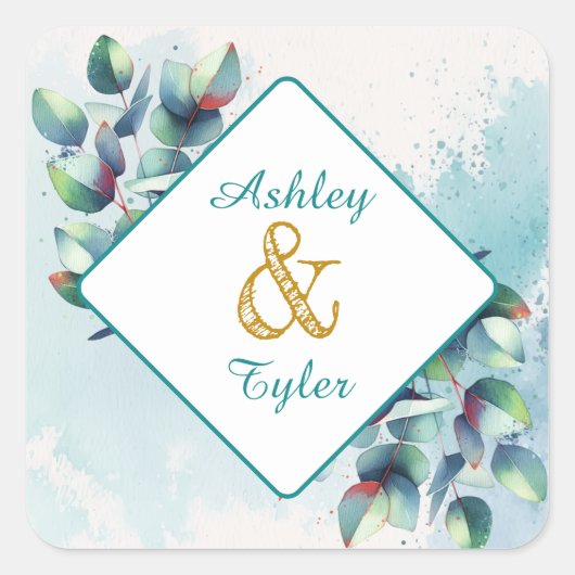 水色ユーカリ植物学結婚の スクエアシール (正面)