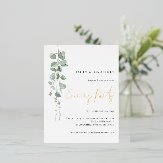 水色ユーカリ結婚の夕べパーティー実在 箔招待状ポストカード (立ち正面)