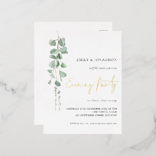 水色ユーカリ結婚の夕べパーティー実在 箔招待状ポストカード (正面/裏面)