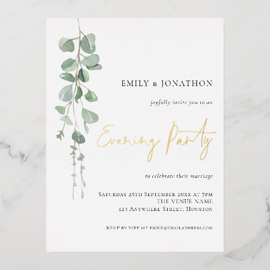 水色ユーカリ結婚の夕べパーティー実在 箔招待状ポストカード (正面)