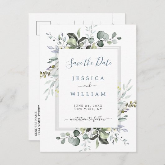 水色ユーカリ結婚式の日付を保存 案内ポストカード (正面/裏面)