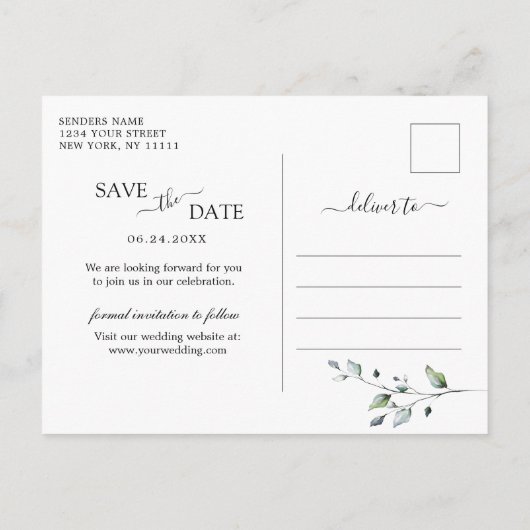 水色ユーカリ結婚式の日付を保存 案内ポストカード (裏面)