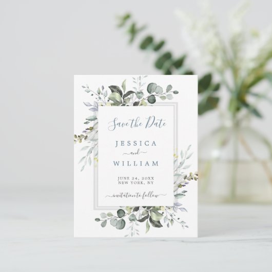 水色ユーカリ結婚式の日付を保存 案内ポストカード (スタンド正面)
