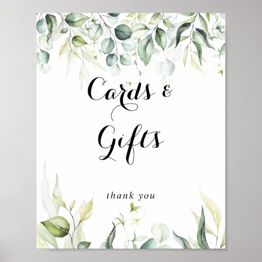 水色ユーカリ緑のカードとギフトサイン ポスター (正面)