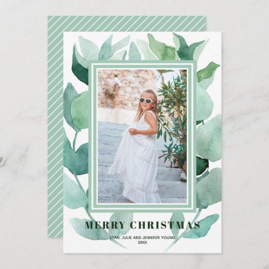 水色ユーカリ緑のクリスマスフォト シーズンカード (正面/裏面)