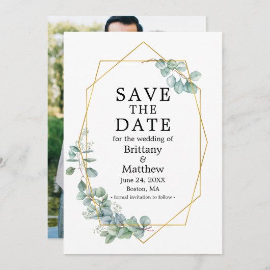 水色ユーカリ緑の写真ジオフレームの保存 セーブザデート (正面/裏面)