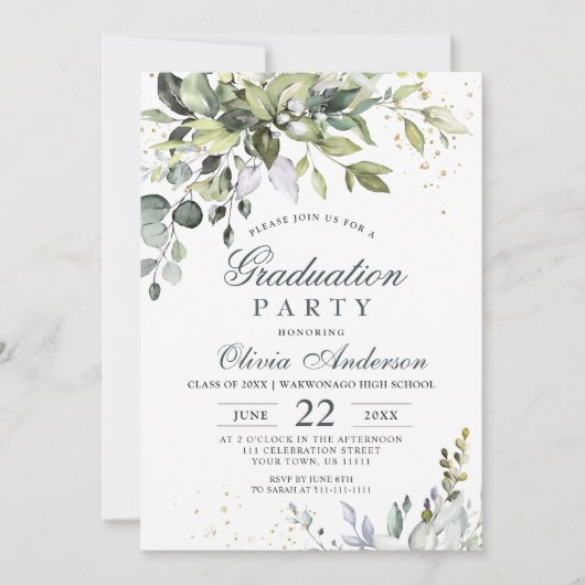 水色ユーカリ緑の写真卒業 招待状 (正面)