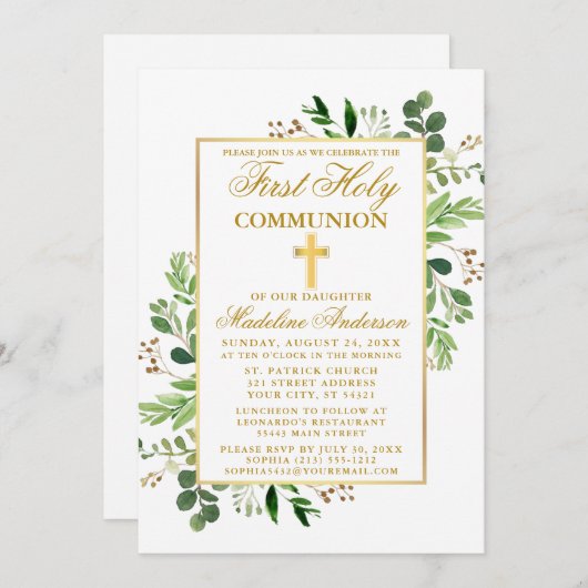 水色ユーカリ緑の最初の聖餐式 招待状 (正面/裏面)