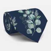 水色ユーカリ緑の模様ネイビーブルー ネクタイ (ロール)