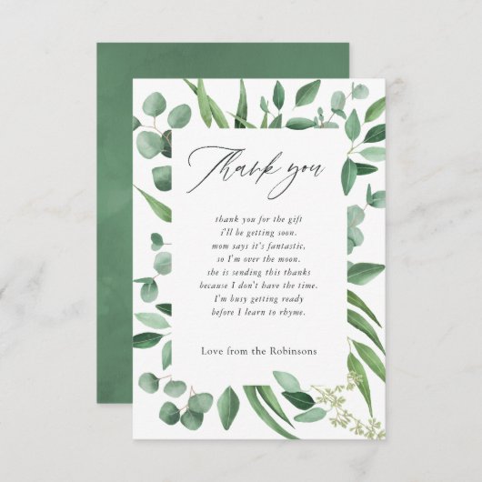 水色ユーカリ緑の赤ちゃんシャワー サンキューカード (正面/裏面)