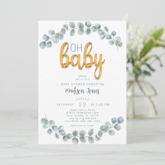 水色ユーカリ緑の金ゴールド赤ちゃんシャワー 招待状 (スタンド正面)