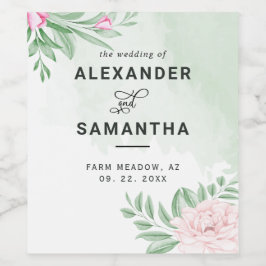 水色ユーカリ緑ピンクフローラ結婚ズ ワインラベル