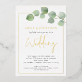 水色ユーカリ縁どス結婚の金ゴールド 箔招待状 (正面)