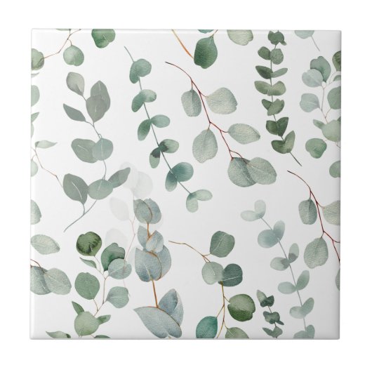 水色ユーカリ花柄 タイル (正面)