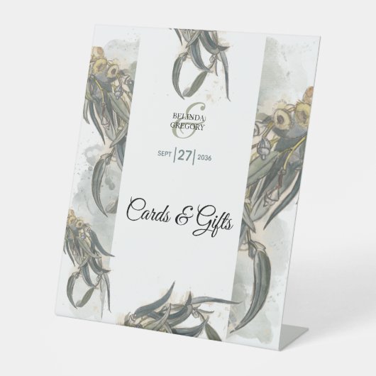 水色ユーカリ葉ウエディングカードギフト 台座サイン (正面)