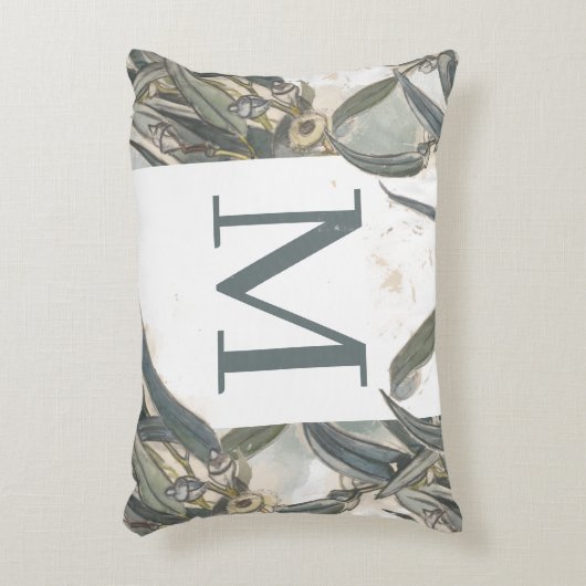 水色ユーカリ葉グリーモノグラム アクセントクッション (正面(垂直))