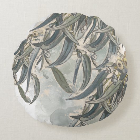 水色ユーカリ葉サンリー ラウンドクッション (正面)