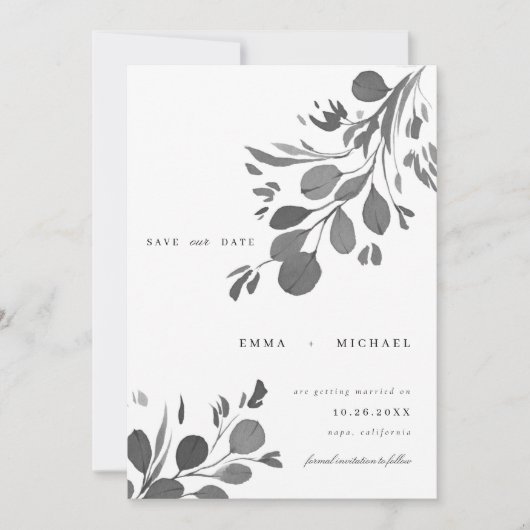 水色ユーカリ葉スカードを保存 招待状 (正面)