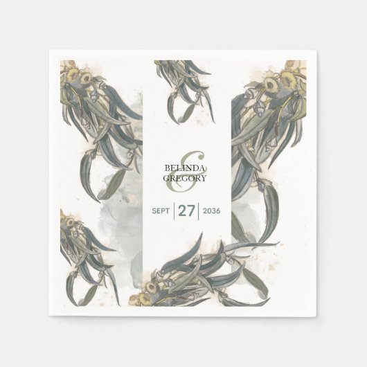 水色ユーカリ葉スグリー結婚ズ スタンダードカクテルナプキン (正面)