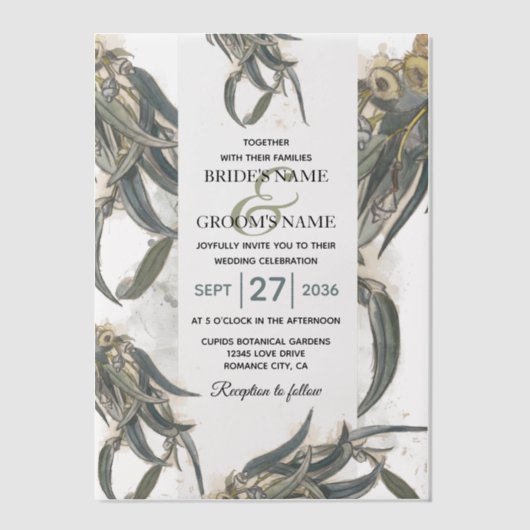 水色ユーカリ葉スグリー結婚ズ ベラム紙招待状 (正面)