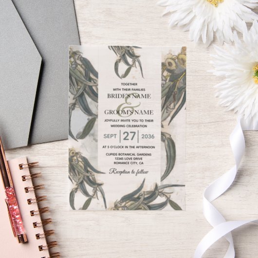 水色ユーカリ葉スグリー結婚ズ ベラム紙招待状 (ウェディング)