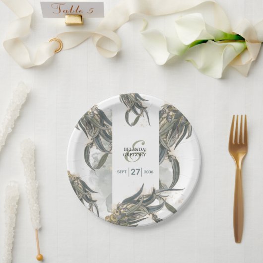 水色ユーカリ葉スグリー結婚ズ ペーパープレート (ウェディング)