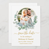 水色ユーカリ葉スラウンドフレーム金ゴールド セーブザデート (正面/裏面)