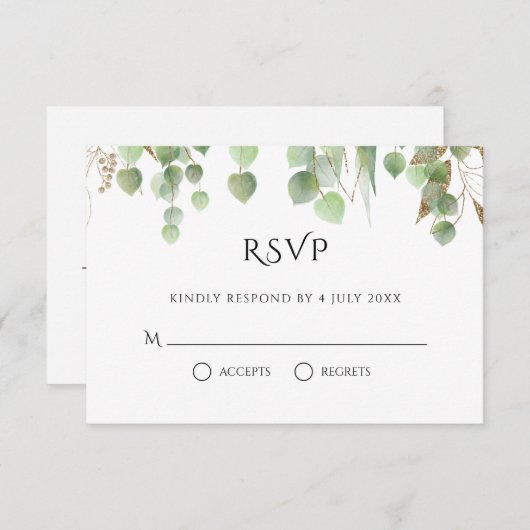 水色ユーカリ葉ス金ゴールドの結婚葉 出欠カード (正面/裏面)