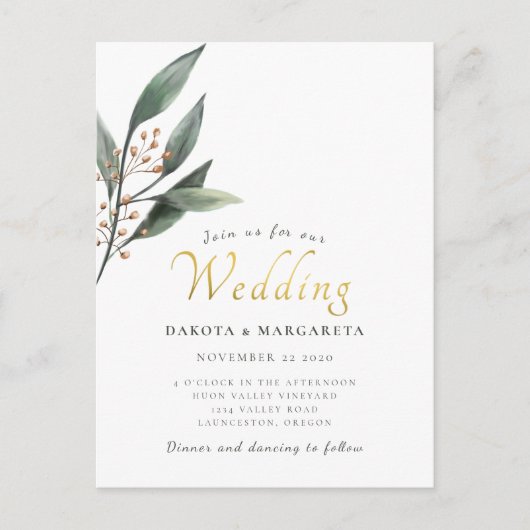 水色ユーカリ葉金ゴールド結婚書 ポストカード (正面)