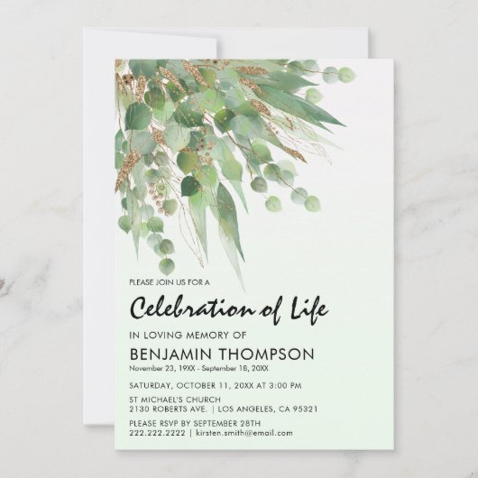 水色ユーカリ葬儀お祝い・オブ・ライフ 招待状 (正面)