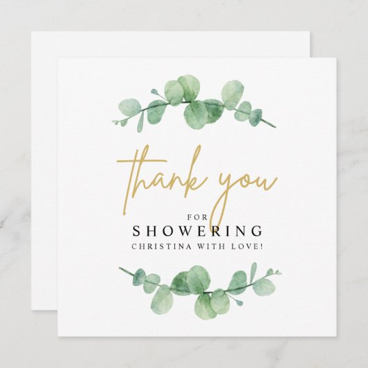 水色ユーカリ赤ちゃんシャワーサンキューカード サンキューカード (正面/裏面)