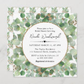 水色ユーカリ金ゴールドグリッターブライダルシャワー 招待状 (正面/裏面)