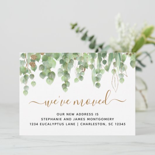 水色ユーカリ金ゴールドグリッターホイル移動 案内状 (スタンド正面)