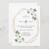 水色ユーカリ金ゴールドフレーム結婚ー 招待状 (正面/裏面)