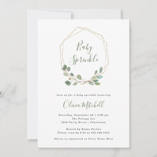 水色ユーカリ金ゴールド幾何学ベビー散布 招待状 (正面)