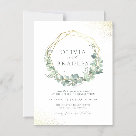 水色ユーカリ金ゴールド幾何学模様結婚枠 マグネット招待状 (正面)