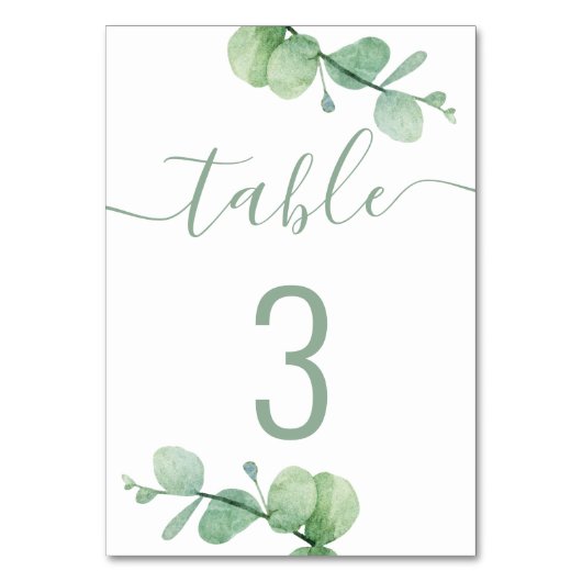 水色ユーカリ。エレガント結婚スクリプト テーブルナンバー (正面)