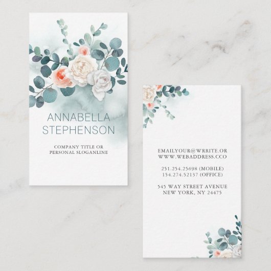 水色ユーカリ |フローラの緑エレガント 名刺 (正面/裏面)