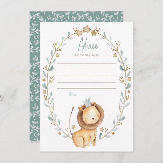 水色ライオンプリンス赤ちゃんシャワー母アドバイスカード エンクロージャーカード (正面/裏面)