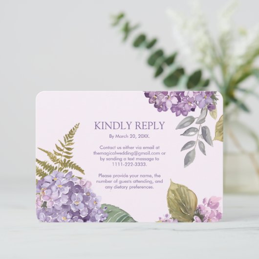 水色ラベンダーアジサイシダ葉ウェディング 出欠カード (スタンド正面)