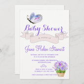 水色ラベンダーバタフライ素朴な赤ちゃんシャワー 招待状 (正面/裏面)