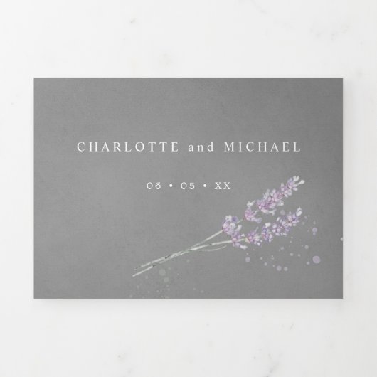 水色ラベンダーフラワーグレー結婚すべて 三つ折り招待状 (カバー)