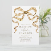 水色リボン弓金ゴールドと白結婚色 招待状 (スタンド正面)