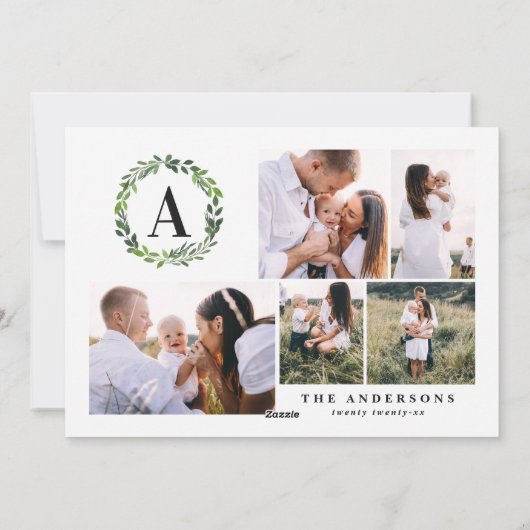 水色リースジョイのモノグラムのホリデーファミリー シーズンカード