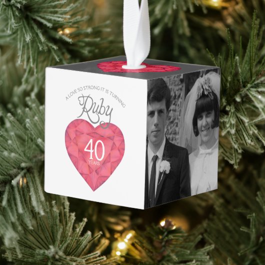 水色ルビーハート40周年記念写真 キューブオーナメント (ツリー)