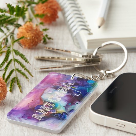 水色レインボーのペルソナお洒落ライズ可能な名前 キーホルダー (正面右)