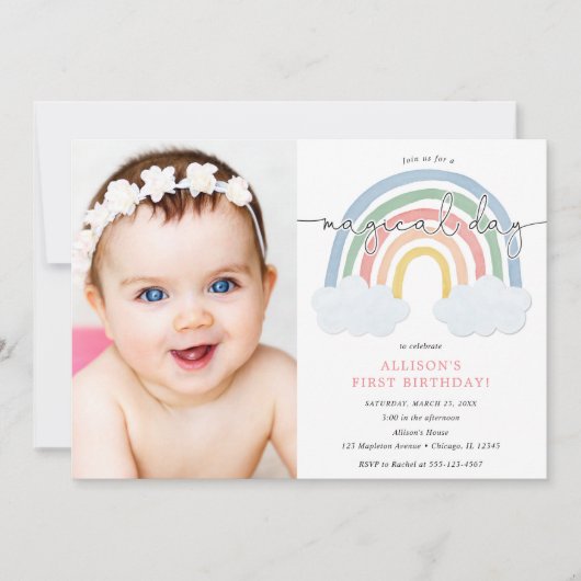 水色レインボーパステル女の子1st誕生日の写真 招待状 (正面)