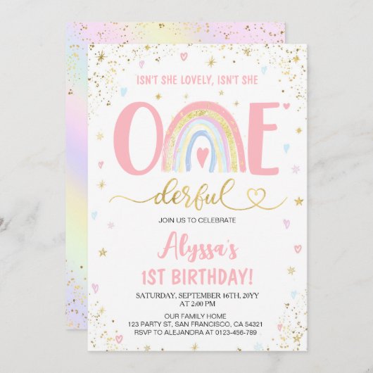 水色レインボーパステル女の子1st誕生日パーティー 招待状 (正面/裏面)